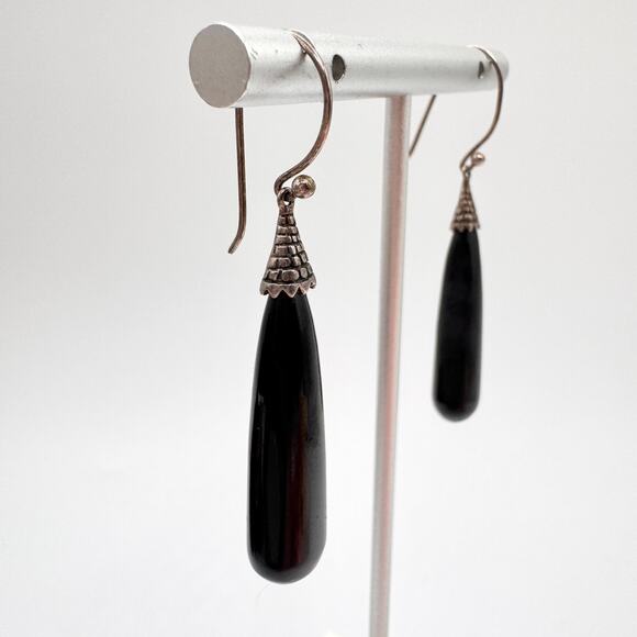 Vintage 925 CFJ THAI Sterling Silver Bali Style Black Dangle Earrings Ethnic - Picture 4 of 13